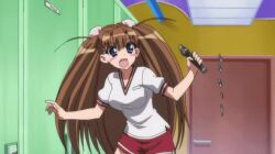 animated anime_screenshot assisted_exposure blush breasts brown_hair cha_chi covering_breasts covering_crotch covering_privates embarrassed exploding_clothes hair_ornament humiliation locker long_hair medium_breasts nude penguin_musume running shouting sword tagme torn_clothes video weapon