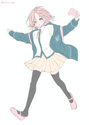 1girl black_thighhighs blush brown_hair collared_shirt controller danganronpa_(series) danganronpa_2:_goodbye_despair flipped_hair galaga hair_ornament highres holding holding_controller hood jacket long_sleeves looking_at_viewer medium_hair nanami_chiaki neck_ribbon open_clothes open_jacket pink_eyes pink_ribbon pink_shoes pleated_skirt ribbon shirt shoes skirt solo spaceship_hair_ornament thighhighs white_shirt yuru_keki