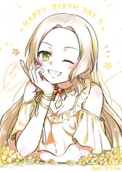 Rule 34 | 1girl, ;d, arm rest, arm support, bare shoulders, birthday, blonde hair, blush, breasts, brown hair, character name, choker, cleavage, clothing cutout, dated, dress, eda udon, elbow rest, english text, floral background, flower, flower symbol, forehead, frilled dress, frilled shirt, frills, green eyes, grin, hand on own cheek, hand on own chin, hand on own face, hand up, happy birthday, head rest, highres, inubouzaki fuu, jewelry, long hair, looking at viewer, medium breasts, neck ribbon, notice lines, off shoulder, one eye closed, open mouth, orange flower, orange ribbon, parted bangs, ribbon, ribbon choker, shirt, short sleeves, shoulder cutout, sidelocks, simple background, small breasts, smile, solo, star (symbol), teeth, upper body, very long hair, white background, wrist ribbon, yellow choker, yellow dress, yellow flower, yellow ribbon, yellow shirt, yellow theme, yuuki yuuna wa yuusha de aru, yuusha de aru