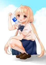 Rule 34 | 1girl, :d, ahoge, arm up, black bow, blonde hair, blue skirt, blue sky, blush, bottle, bow, brown eyes, brown shoes, cloud, collared shirt, commentary request, day, diagonal-striped bow, dress shirt, futaba anzu, highres, holding, holding bottle, idolmaster, idolmaster cinderella girls, idolmaster cinderella girls starlight stage, loafers, long hair, low twintails, open mouth, outdoors, plaid clothes, plaid skirt, pocari sweat, rino cnc, shirt, shoes, sitting, skirt, sky, small sweatdrop, smile, socks, solo, striped bow, sweat, twintails, unmoving pattern, very long hair, water bottle, white shirt, white socks