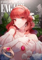 Rule 34 | 1girl, breasts, brooch, celica (fire emblem), choker, cleavage, cover, creyton, dress, earrings, elbow gloves, fire emblem, fire emblem echoes: shadows of valentia, fire emblem engage, flower, gem, gloves, highres, jewelry, leaf, long hair, magazine cover, medium breasts, necklace, nintendo, orange eyes, orange hair, princess, red eyes, red gemstone, red hair, ring, rose, solo, tiara, white dress, white flower, white gloves, white rose