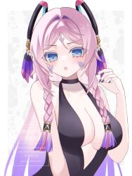 Rule 34 | 1girl, :o, bare shoulders, black choker, black leotard, blue eyes, blush, breasts, choker, citlali (genshin impact), cleavage, collarbone, commentary request, facial mark, fingernails, floating headgear, forehead mark, genshin impact, hand up, headgear, highres, kino (curry pan), large breasts, leotard, long hair, looking at viewer, multicolored hair, nail polish, pink hair, pink pupils, plunging neckline, purple hair, purple nails, simple background, solo, triangle, triangle facial mark, very long hair, white background