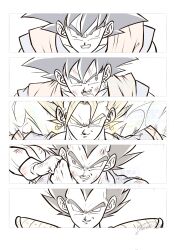 Rule 34 | 3boys, age progression, aura, black hair, clenched teeth, close-up, dougi, dragon ball, dragonball z, earrings, electricity, gloves, highres, jewelry, kanaetecho, medium hair, multiple boys, potara earrings, saiyan armor, single earring, son goku, spiked hair, super saiyan, super saiyan 1, teeth, vegeta, vegetto, white gloves
