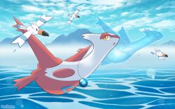 beak bird cloud flying gen_3_pokemon jewelry latias latios legendary_pokemon necklace nintendo open_mouth pokemon pokemon_(creature) volmise water wings wingull yellow_eyes