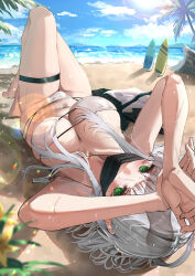 1girl absurdres beach bikini black_mask blush breasts cloud commentary_request commission eyelashes eyepatch_bikini green_eyes grey_hair highres jewelry large_breasts long_hair lying mask navel necklace ocean on_back original pixiv_commission rossy_(yowayowachimpo) shadow skirt sky solo surfboard swimsuit thigh_strap unworn_skirt wet white_bikini