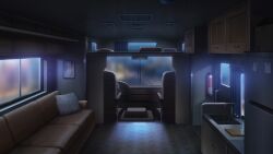 air_conditioner blurry bokeh cabinet car_interior couch depth_of_field fire_extinguisher glowing highres loft_bed no_humans non-web_source official_art our_life:_beginnings_and_always photo_(object) pillow recreational_vehicle refrigerator scenery sink sticky_note sunrise tile_floor tiles variant_set window_frost window_light