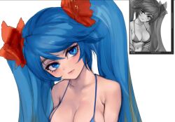 1girl bikini blue_bikini blue_eyes breasts cleavage collarbone flower green_hair hair_flower hair_ornament large_breasts league_of_legends looking_at_viewer multicolored_hair multiple_views navel phantom_ix_row red_flower shiny_skin simple_background sona_(league_of_legends) swimsuit twintails two-tone_hair upper_body white_background