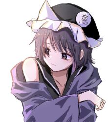 1other androgynous black_eyes black_hat black_shirt closed_mouth collarbone collared_shirt commentary eyelashes frilled_headwear hashtag-only_commentary hat hood hood_down hooded_jacket jacket len&#039;en light_smile long_sleeves looking_to_the_side medium_hair mob_cap nagi_0sa0 open_clothes open_jacket other_focus purple_hair purple_jacket shirt shitodo_kuroji simple_background single_bare_shoulder sleeveless sleeveless_shirt solo triangular_headpiece upper_body white_background wide_sleeves