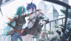 2girls absurdres arknights at_wang bird black_gloves black_nails black_shirt black_shorts blue_hair blue_pants breasts building ch&#039;en_(arknights) chinese_commentary commentary_request dragon_girl dragon_horns gloves green_hair highres horns hoshiguma_(arknights) long_hair low_twintails medium_breasts midriff_peek multiple_girls nail_polish pants railing red_eyes shirt shorts single_horn skin-covered_horns twintails white_shirt yuri