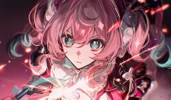 1girl aqua_eyes aqua_hair beret close-up closed_mouth dress hat honkai:_star_rail honkai_(series) hyacine_(honkai:_star_rail) looking_at_viewer mg_omom pink_hair red_dress red_hat solo upper_body