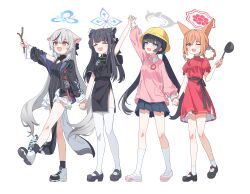 4girls animal_ears arm_up black_dress black_hair black_jacket black_shoes black_socks blue_archive closed_eyes collared_shirt dress full_body grey_hair halo hand_up hat highres holding holding_hands jacket kindergarten_uniform kisaki_(blue_archive) kisaki_(kindergarten_uniform)_(blue_archive) kneehighs kokona_(blue_archive) long_hair long_sleeves looking_ahead multicolored_hair multiple_girls open_clothes open_jacket open_mouth orange_hair pink_shirt red_dress rumi_(blue_archive) rumi_(small)_(blue_archive) school_hat seero shirt shoes short_sleeves shun_(blue_archive) shun_(small)_(blue_archive) siblings simple_background sisters skirt smile socks streaked_hair thighhighs twintails walking white_background white_shoes white_thighhighs yellow_hat