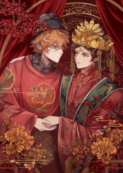 absurdres alternate_costume alternate_hairstyle architecture chinese_clothes dress east_asian_architecture genderswap genderswap_(mtf) genshin_impact hanfu highres holding_hands red_background red_curtain tartaglia_(genshin_impact) tartali.club wedding_dress yzszy zhongli_(genshin_impact)