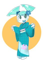 1girl android blue_hair blue_kimono colored_skin dishwasher9 flower flower_ornament humanoid_robot japanese_clothes jenny_wakeman kimono my_life_as_a_teenage_robot nickelodeon robot robot_girl twintails white_skin wide_sleeves