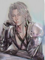 Rule 34 | 1boy, arm on table, armor, bare pectorals, bishounen, black coat, black gloves, black straps, chest strap, closed mouth, coat, collarbone, commentary, curtained hair, final fantasy, final fantasy vii, gloves, green eyes, grey hair, hashtag-only commentary, head rest, highres, long hair, long sleeves, male focus, palmar flexion, pauldrons, pectorals, sephiroth, shoulder armor, single pauldron, sitting, solo, twitter username, vforvielka