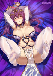 1girl :o adapted_costume arms_up bed blush bound bound_wrists breasts bursting_breasts club3 collar detached_sleeves fate/grand_order fate_(series) female_focus hair_between_eyes hair_spread_out headpiece indoors looking_at_viewer nail_polish navel pelvic_curtain purple_hair red_eyes scathach_(fate) scathach_skadi_(fate) see-through_clothes solo spread_legs thighhighs tiara toes