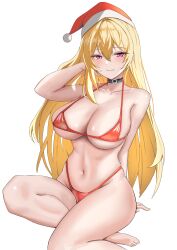 1girl absurdres bare_shoulders belt_collar bikini black_collar blonde_hair breasts collar collarbone hair_between_eyes hat highleg highleg_bikini highres large_breasts long_hair navel original pom_pom_(clothes) purple_eyes red_bikini santa_hat solo stomach swimsuit white_background zawa_(beat7327)