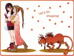 1990s_(style) 2girls aerith_gainsborough black_hair braid brown_hair dress english_text final_fantasy final_fantasy_vii long_dress long_hair multiple_girls pink_dress red_eyes red_xiii retro_artstyle shopping tifa_lockhart
