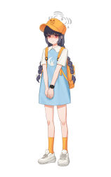 1girl absurdres ankle_socks baseball_cap black_hair blue_archive blush commentary embarrassed full_body grey_halo hair_ornament halo hat highres light_smile long_hair miyu_(blue_archive) orange_bag orange_socks red_eyes sanj shoes simple_background sneakers socks watch white_background