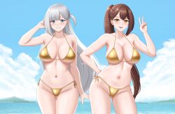 2girls :d absurdres arm_behind_back azur_lane bad_tag beach bikini blue_eyes blush breasts brown_hair commentary crane_enthusiast english_commentary eyeshadow grin hair_between_eyes hand_on_own_hip happy highres hip_focus large_breasts leaning_to_the_side long_hair looking_at_viewer makeup mole mole_under_eye multiple_girls navel ocean open_mouth outdoors ponytail red_eyeshadow shoukaku_(azur_lane) side-tie_bikini_bottom smile stomach swimsuit teeth thigh_gap thighs upper_teeth_only v very_long_hair wet white_hair yellow_bikini yellow_eyes zuikaku_(azur_lane)