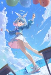 Rule 34 | 1girl, :d, absurdres, aqua halo, arona (blue archive), ass peek, balloon, blue archive, blue eyes, blue hair, blue shirt, blue sky, blush, bow, bowtie, braid, cloud, colored inner hair, day, full body, hair bow, hair over one eye, hairband, halo, highres, long sleeves, medium hair, multicolored hair, navel, open mouth, outdoors, pink hair, sailor collar, school uniform, shirt, shoes, skirt, sky, smile, sneakers, solo, standing, syc2159, teeth, upper teeth only, white bow, white bowtie, white hairband, white shoes, white skirt