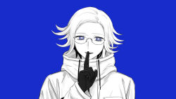 Rule 34 | 1boy, aotsuki eito, blue background, chinese commentary, drawstring, finger to mouth, glasses, gloves, grey eyes, greyscale with colored background, helium-10percent, highres, jacket, looking at viewer, male focus, short hair, shushing, simple background, solo, spot color, teeth, the hundred line -last defense academy-, upper body, upper teeth only