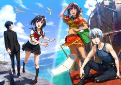2boys 2girls a.i.c.o._incarnation amy_(suisei_no_gargantia) character_request commentary creator_connection creature creature_on_shoulder crossover hand_over_eye highres ledo_(suisei_no_gargantia) looking_at_viewer multiple_boys multiple_girls naruko_hanaharu ocean on_shoulder outdoors paper_airplane school_uniform sitting split_theme suisei_no_gargantia wind_glider