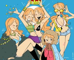 1girl :p ^_^ bikini bikini_top_only black_boots blue_background blue_bikini boots cesel closed_eyes coat commentary crown english_commentary fur-trimmed_coat fur_trim gloves holding holding_crown nami_(one_piece) one_eye_closed one_piece orange_hair purple_skirt simple_background skirt sunglasses swimsuit tinted_eyewear tongue tongue_out yellow-tinted_eyewear