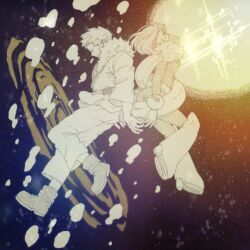 1boy 1girl boku_no_hero_academia boots dimples dougi floating fur_trim karate_gi medium_hair monochrome moss_chicken ojiro_mashirao pants short_hair space star_(sky) sun superhero_costume tail tail_wrap uraraka_ochako