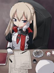 1girl ashtray blonde_hair blue_eyes book capelet chair cigarette cigarette_butt cigarette_pack cigarette_tray closed_mouth cross desk female_focus frown gloves graf_zeppelin_(kancolle) half-closed_eyes hand_on_own_face hat inkwell iron_cross jacket kakizaki_(chou_neji) kantai_collection long_hair long_sleeves looking_at_viewer mouth_hold necktie office_chair paper pen red_necktie saucer sidelocks sitting smoke smoking solo swivel_chair twintails unworn_hat unworn_headwear white_gloves white_hat white_jacket