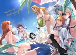 1boy 6+girls arisawa_tatsuki beach beach_umbrella bikini black_cat black_hair bleach blue_bikini blue_eyes blue_shorts blue_sky breast_rest breasts carried_breast_rest carrying cat chair cleavage covered_erect_nipples curled_horns dokugamine_riruka duplicate facial_mark flat_chest food frilled_bikini frills fruit green_bikini green_hair hair_between_eyes hair_ornament hairclip highres holding holding_food holding_fruit holding_toy horns inoue_orihime island jewelry kuchiki_rukia kurosaki_ichigo kusajishi_yachiru large_breasts leaning_forward long_hair lounge_chair matsumoto_rangiku mature_female multicolored_bikini multiple_girls necklace nelliel_tu_odelschwanck ocean open_clothes open_mouth open_shirt orange_hair palm_tree red_bikini red_eyes red_hair sand_sculpture seashell shell shihouin_yoruichi shirt shorts side-tie_bikini_bottom signature skull_on_head sky sleeping spiked_hair standing sun surfboard swimsuit ten0u0 toy tree twintails two-tone_umbrella umbrella water water_gun white_shirt yellow_eyes