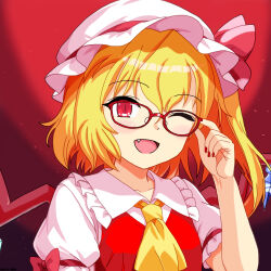 1girl adjusting_eyewear ascot bespectacled blonde_hair blush collarbone collared_shirt commentary_request crystal crystal_wings fang flandre_day flandre_scarlet frilled_shirt_collar frills glasses hand_on_eyewear hat hat_ribbon long_hair looking_at_viewer mist9801km mob_cap multicolored_wings one_eye_closed one_side_up open_mouth red-framed_eyewear red_eyes red_nails red_vest ribbon shirt short_sleeves smile solo touhou vest white_hat white_shirt wings yellow_ascot