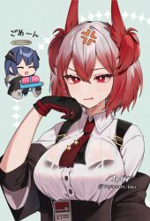Rule 34 | 2girls, anger vein, arknights, black bra, black gloves, black horns, black jacket, blue hair, bra, breasts, bright pupils, collared shirt, commentary request, fiammetta (arknights), gloves, halo, head wings, holding, holding water gun, horns, id card, jacket, large breasts, laser disc eyes, mashita (kuzsat), mostima (arknights), multiple girls, necktie, open mouth, red eyes, red hair, red necktie, shirt, twitter username, underwear, water gun, wet, wet clothes, wet shirt, white pupils, white shirt, wings, yellow halo