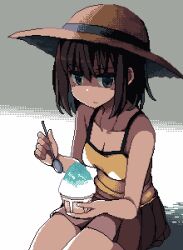 1girl breasts brown_hair brown_skirt cleavage food grey_eyes hat ikeda_(kasutera) looking_at_viewer lowres medium_hair original pixel_art shaved_ice shirt sitting skirt solo spoon straw_hat yellow_shirt