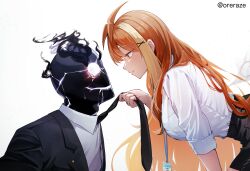1boy 1girl absurdres bent_over black_jacket black_necktie black_skirt black_suit_(blue_archive) blue_archive blush closed_mouth clothes_grab female_sensei_(blue_archive) high-waist_skirt highres id_card jacket long_hair looking_at_another necktie necktie_grab neckwear_grab nervous_smile nervous_sweating orange_eyes orange_hair sensei_(blue_archive) sera_razere shirt skirt sleeves_rolled_up smile sweat textless_version white_shirt