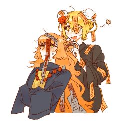 2girls bead_necklace beads blonde_hair braid braided_hair_rings bun_cover camelliamao chinese_commentary commentary_request don_quixote_(project_moon) double_bun e.g.o_(project_moon) green_eyes hair_bun hair_rings highres hundred-footed_death_maggot_(e.g.o) ishmael_(project_moon) jewelry limbus_company long_hair long_sleeves multiple_girls necklace orange_hair project_moon red_sheet_(e.g.o) simple_background smile sweatdrop talisman tying_another&#039;s_hair white_background wide_sleeves yellow_eyes
