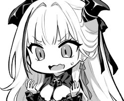1girl admiral_zenker_(azur_lane) azur_lane azur_lane:_slow_ahead breasts chibi cleavage dress earrings greyscale hair_intakes hair_ribbon hori_(hori_no_su) horns jewelry large_breasts long_sleeves monochrome official_art open_mouth ribbon simple_background solo sweatdrop white_background