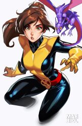 1girl artist_name belt bodysuit breasts brown_eyes brown_hair dragon gloves highres kitty_pryde lockheed long_hair maebiel marvel medium_breasts ponytail superhero_costume x-men yellow_eyes yellow_gloves