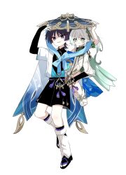 1boy 1girl 52601i animal_print anklet aqua_bow aqua_kimono aqua_sleeves armlet bird_print black_bodysuit black_bow black_eyes black_footwear black_hair black_shorts black_socks blue_cape blue_hat blue_sleeves blunt_ends bodysuit bow bridal_gauntlets bright_pupils cape carrying carrying_person closed_eyes cross-shaped_pupils detached_sleeves dress eyeliner eyeshadow furisode genshin_impact gold gold_trim gradient_hair gradient_sleeves green_cape green_hair green_sleeves hair_between_eyes hair_ornament han&#039;eri hand_up hat highres holding holding_unworn_clothes holding_unworn_hat japanese_clothes jewelry jingasa kimono layered_clothes layered_kimono layered_sleeves leg_warmers makeup mandarin_collar multicolored_hair nahida_(genshin_impact) open_clothes open_kimono pointy_ears purple_rope red_eyeliner red_eyeshadow rope sandals scaramouche_(genshin_impact) shared_clothes short_sleeves shorts shoulder_peek side_ponytail sidelocks sitting sitting_on_arm sitting_on_person size_difference smile socks symbol-shaped_pupils tassel toeless_footwear toeless_legwear toes unworn_hat unworn_headwear wanderer_(genshin_impact) white_background white_dress white_footwear white_hair white_kimono white_pupils white_sleeves zouri