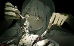 1boy 2girls armor backsu_ver2 blonde_hair blood bloody_knife blush bob_cut body_fur brother_and_sister chimera commentary_request corpse cutting deep_wound drooling dungeon_meshi falin_touden falin_touden_(chimera) feathered_wings fork giant giantess gorget hands_up holding holding_fork holding_knife implied_cannibalism injury knife korean_commentary laios_touden looking_at_another monster_girl multiple_girls nude on_plate pauldrons plate plate_armor short_hair shoulder_armor siblings sliced_meat slit_pupils spoilers standing vambraces wings