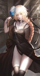 Rule 34 | 1girl, absurdres, black dress, black panties, black socks, blonde hair, blue eyes, braid, braided ponytail, breasts, choker, cleavage, closed mouth, cowboy shot, dress, fate/apocrypha, fate (series), female focus, flower, hair flower, hair ornament, hair ribbon, highres, indoors, jeanne d&#039;arc (fate), jeanne d&#039;arc (formal dress) (fate), jeanne d&#039;arc (ruler) (fate), kneehighs, long hair, looking at viewer, medium breasts, panties, ribbon, single braid, smile, socks, solo, tollrin-senpai, underwear, very long hair