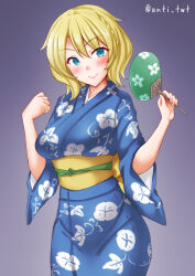 1girl alternate_costume anti_(untea9) blonde_hair blue_eyes blue_kimono breasts closed_mouth colorado_(kancolle) floral_print grey_kimono hand_fan highres japanese_clothes kantai_collection kimono looking_at_viewer medium_breasts one-hour_drawing_challenge paper_fan short_hair smile solo twitter_username