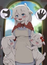 3girls :3 animal_ears blue_eyes breasts closed_eyes closed_mouth commentary dagasi dress english_commentary furry furry_female goat_ears goat_girl goat_horns highres horns indoors large_breasts loli long_hair mother_and_daughter multiple_girls panties speech_bubble spoken_character the_wolf_and_the_seven_young_kids underwear white_dress white_hair white_panties