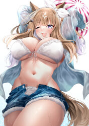 1girl absurdres almond_eye_(umamusume) animal_ears arms_up ball beachball bikini bikini_under_shorts blue_eyes blue_shorts blush bow breasts brown_hair cleavage colored_inner_hair commentary_request cross-shaped_pupils denim denim_shorts frilled_bikini frills front-tie_bikini_top front-tie_top hair_bow hair_ornament highres holding holding_ball holding_beachball horse_ears horse_girl jacket large_breasts long_hair long_sleeves looking_at_viewer multicolored_hair one_eye_closed open_clothes open_jacket open_mouth open_shorts red_hayao shorts simple_background smile solo swimsuit symbol-shaped_pupils too_many_hair_ornaments umamusume white_background white_bikini white_bow white_jacket