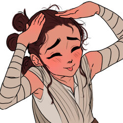 Rule 34 | 1girl, absurdres, arm wrap, brown hair, closed eyes, hand on own head, highres, rey (star wars), shirt, simple background, sleeveless, sleeveless shirt, solo, star wars, star wars: the force awakens, theriseofswolo, tongue, tongue out, upper body, white background, white shirt