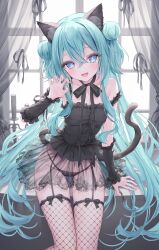 1girl absurdres animal_ear_fluff animal_ears aqua_hair black_corset black_garter_straps black_panties black_ribbon black_sleeves blue_eyes blush cat_ears cat_girl cat_tail corset crossed_bangs detached_sleeves double_bun fishnet_thighhighs fishnets gang garter_straps hair_between_eyes hair_bun highres indoors lace lace-trimmed_skirt lace_trim long_hair looking_at_viewer nonomiya_(817nono) open_mouth original panties paw_pose ribbon see-through_clothes sidelocks sitting skirt solo symbol-shaped_pupils tail thighhighs twintails underwear very_long_hair window