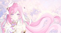 Rule 34 | 1girl, breasts, bug, butterfly, chinese commentary, commentary request, corset, daizhuosansui, diamond-shaped pupils, diamond (shape), elf, elysia (herrscher of human: ego) (honkai impact), elysia (honkai impact), gloves, highres, honkai (series), honkai impact 3rd, insect, long hair, looking at viewer, medium breasts, outdoors, pink hair, pointy ears, purple eyes, reaching, reaching towards viewer, solo, symbol-shaped pupils, triquetra, upper body, veil, very long hair, white corset, white gloves, white veil