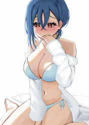 1girl barefoot bikini bikini_under_clothes blue_bikini blue_hair blush breasts brown_hair cleavage commentary_request crossed_bangs feet heart heart-shaped_pupils highres large_breasts long_sleeves love_live! love_live!_superstar!! partial_commentary pisagi shirt short_hair sidelocks simple_background sitting solo swimsuit swimsuit_under_clothes symbol-shaped_pupils toes wakana_shiki wariza white_background white_shirt