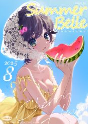1girl absurdres belle_(zenless_zone_zero) blue_sky breasts closed_mouth dress english_text food food-themed_hair_ornament food_on_face fruit fruit_hair_ornament green_hair hair_between_eyes hair_ornament highres holding holding_food holding_fruit large_breasts mumu_0221 open_mouth short_hair sky sleeveless sleeveless_dress strap_slip upper_body veil watermelon white_veil yellow_dress zenless_zone_zero