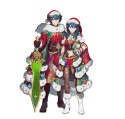 1boy 1girl absurdres bare_shoulders black_footwear black_gloves blue_eyes blue_hair brooch female_byleth_(fire_emblem) female_byleth_(frosty_professor)_(fire_emblem) male_byleth_(fire_emblem) male_byleth_(frosty_professor)_(fire_emblem) cape character_doll doll dual_persona fire_emblem fire_emblem:_three_houses fire_emblem_heroes fur-trimmed_cape fur_trim gloves green_cape hat highres holding holding_doll holding_sword holding_weapon holly jewelry looking_at_viewer medium_hair midriff navel nintendo official_alternate_costume official_art pantyhose red_cape santa_costume santa_hat smile sothis_(fire_emblem) suzuki_iori sword weapon white_footwear white_gloves
