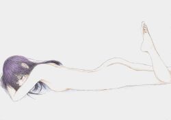1girl absurdres ass bbmasa black_hair blue_background blush breast_press breasts closed_eyes commentary_request completely_nude feet feet_up foot_out_of_frame from_side gradient_background hibike!_euphonium highres liz_to_aoi_tori long_hair lying medium_breasts nude on_stomach sleeping solo spine thighs toes traditional_media yoroizuka_mizore